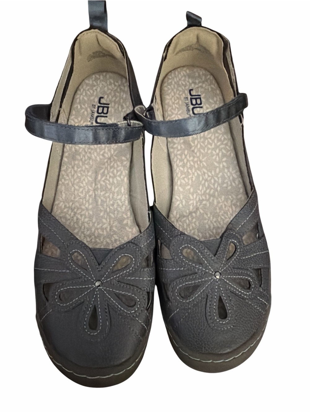 JBU Women's Dark Gray Floral Cutout Mary Jane Flats